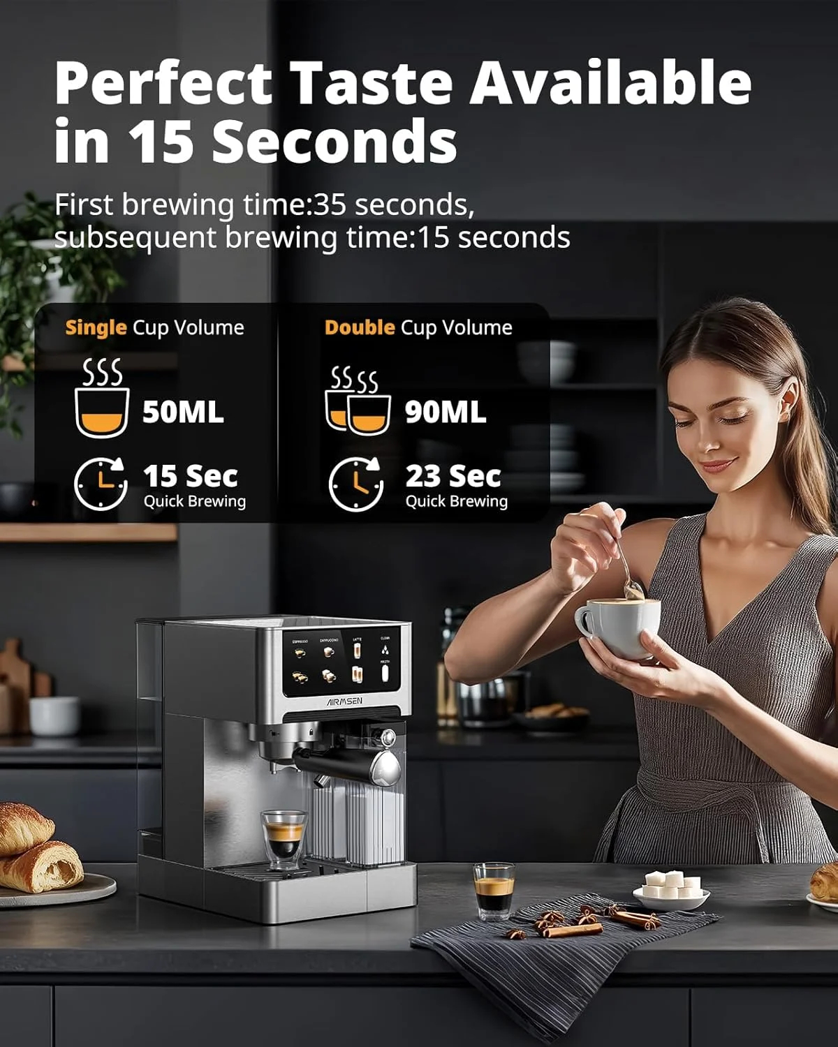 Detailed view of the AIRMSEN 20 Bar Espresso Machine's portafilter and brewing head