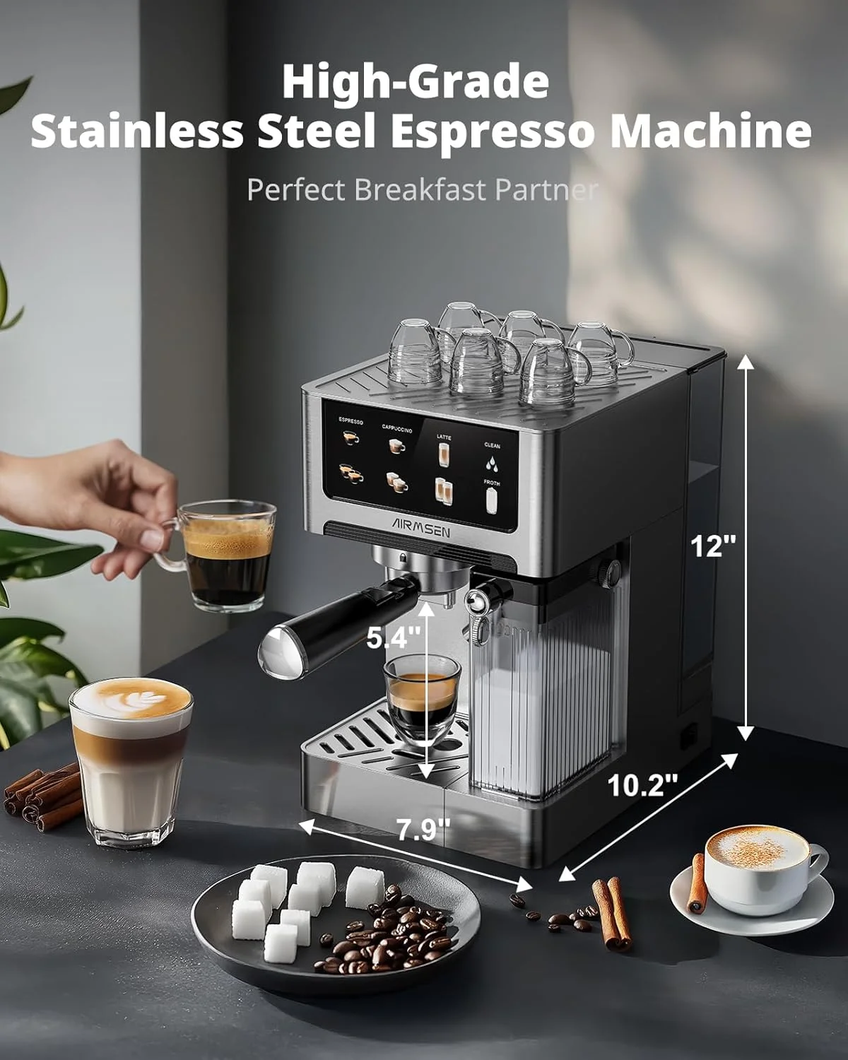 The AIRMSEN 20 Bar Espresso Machine's LED touchscreen interface displaying drink options