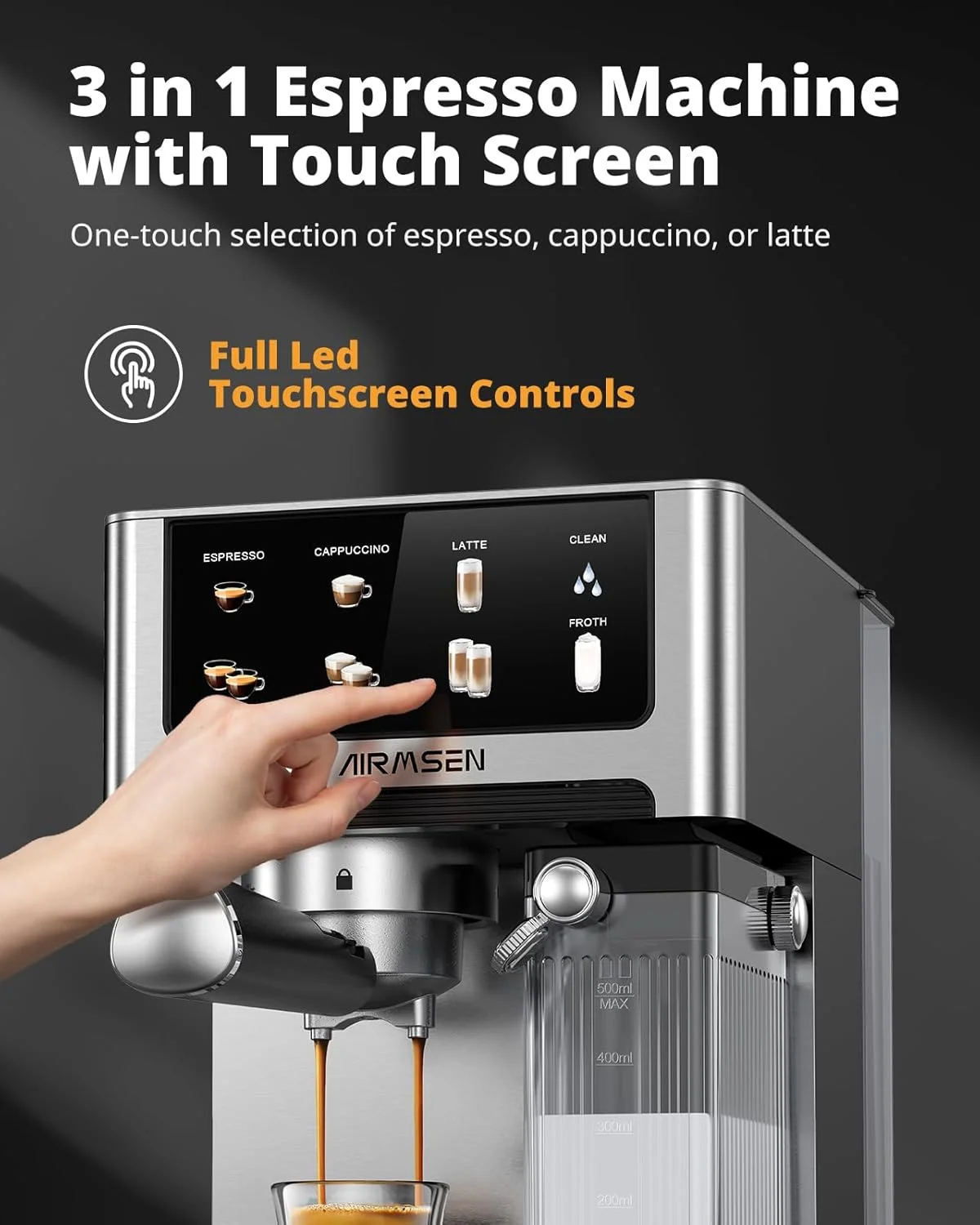 The AIRMSEN 20 Bar Espresso Machine with its water tank and drip tray visible for easy access