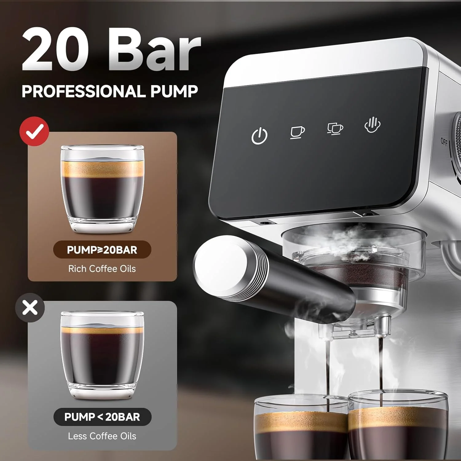 AMZCHEF 20 Bar Espresso Machine producing a shot of espresso with rich crema