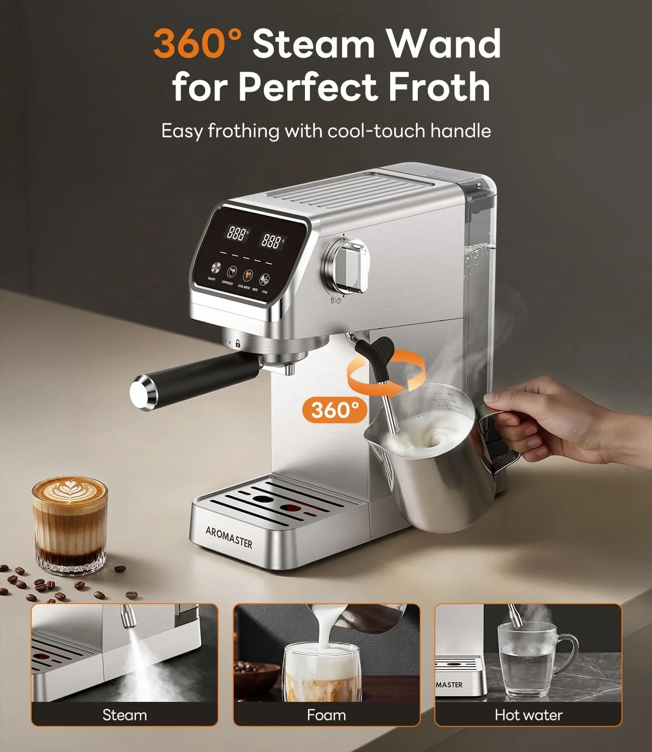 Aromaster Espresso Machine with stainless steel body and touchscreen interface