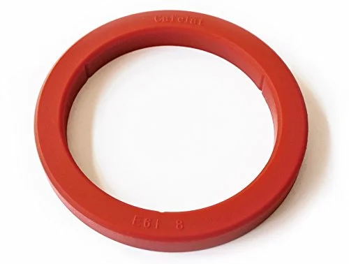 A Rancilio espresso machine group head with the green Cafelat Silicone Group Gasket installed