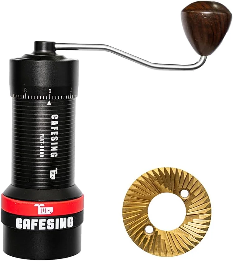 Close-up view of the CafeSing ORCA go's titanium-coated flat burr set