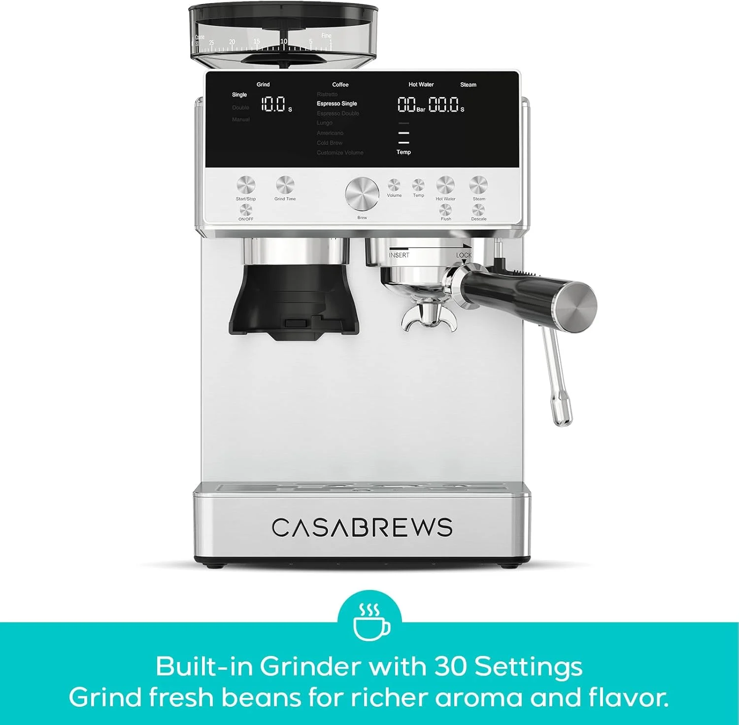Close-up of the CASABREWS MARENZA integrated conical burr grinder