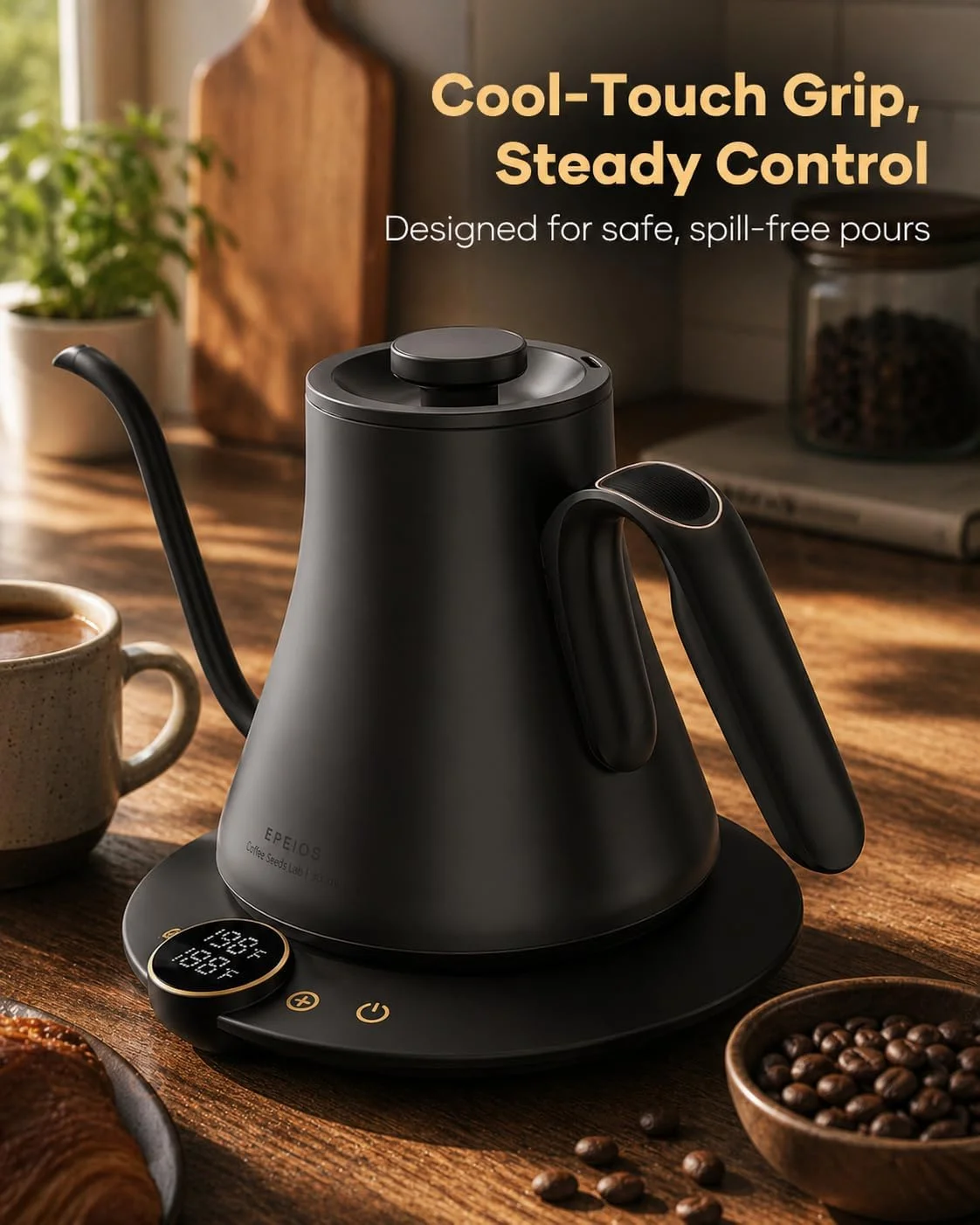 Side profile of the elegantly designed Cocinare Gooseneck Electric Kettle