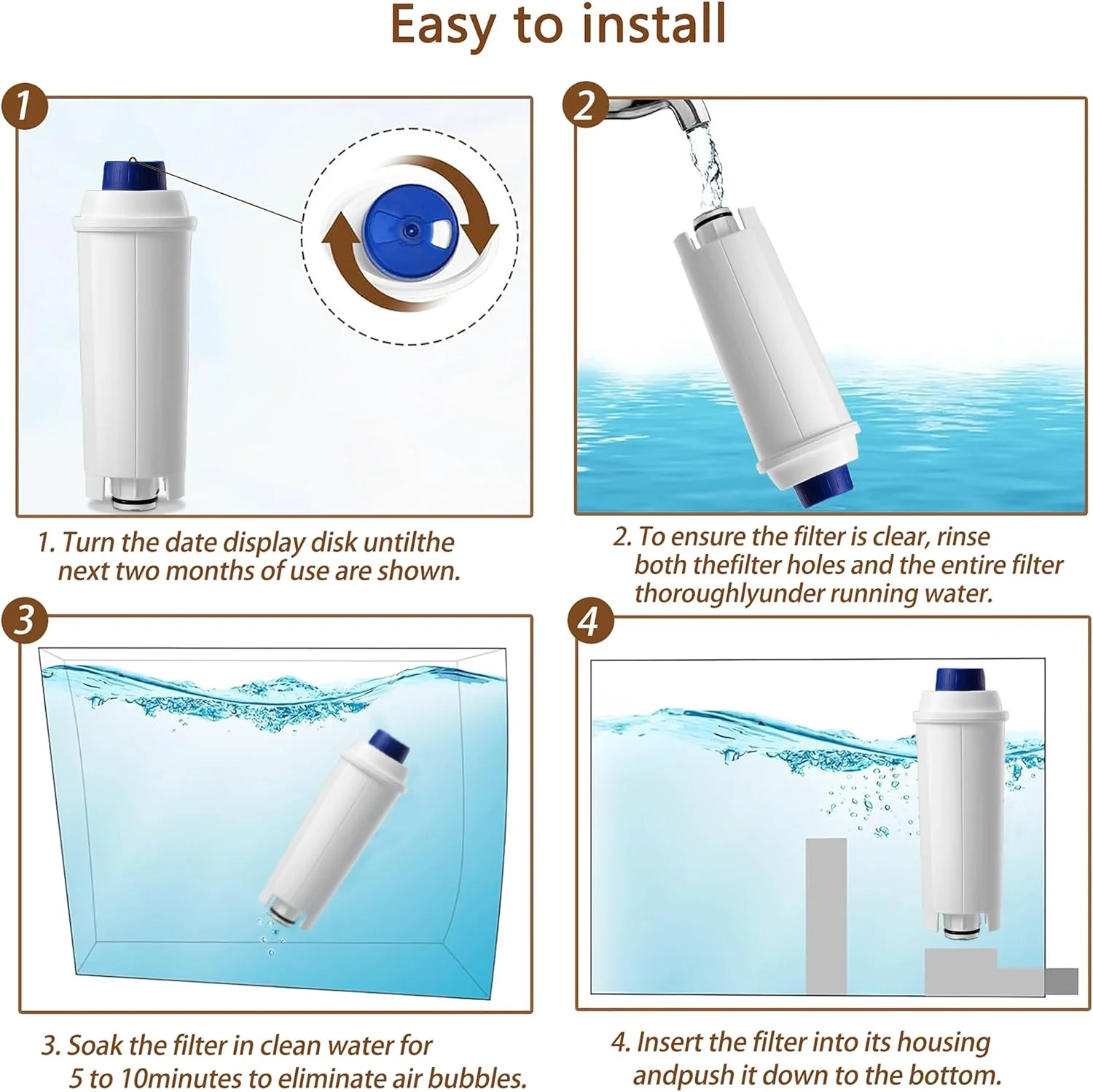 Diagram showing how to install the De'Longhi DLSC002 water filter