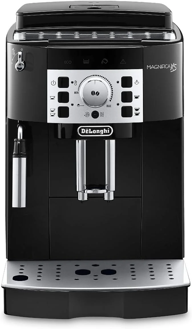 Close-up of the DeLonghi ECAM22110B's integrated conical burr grinder