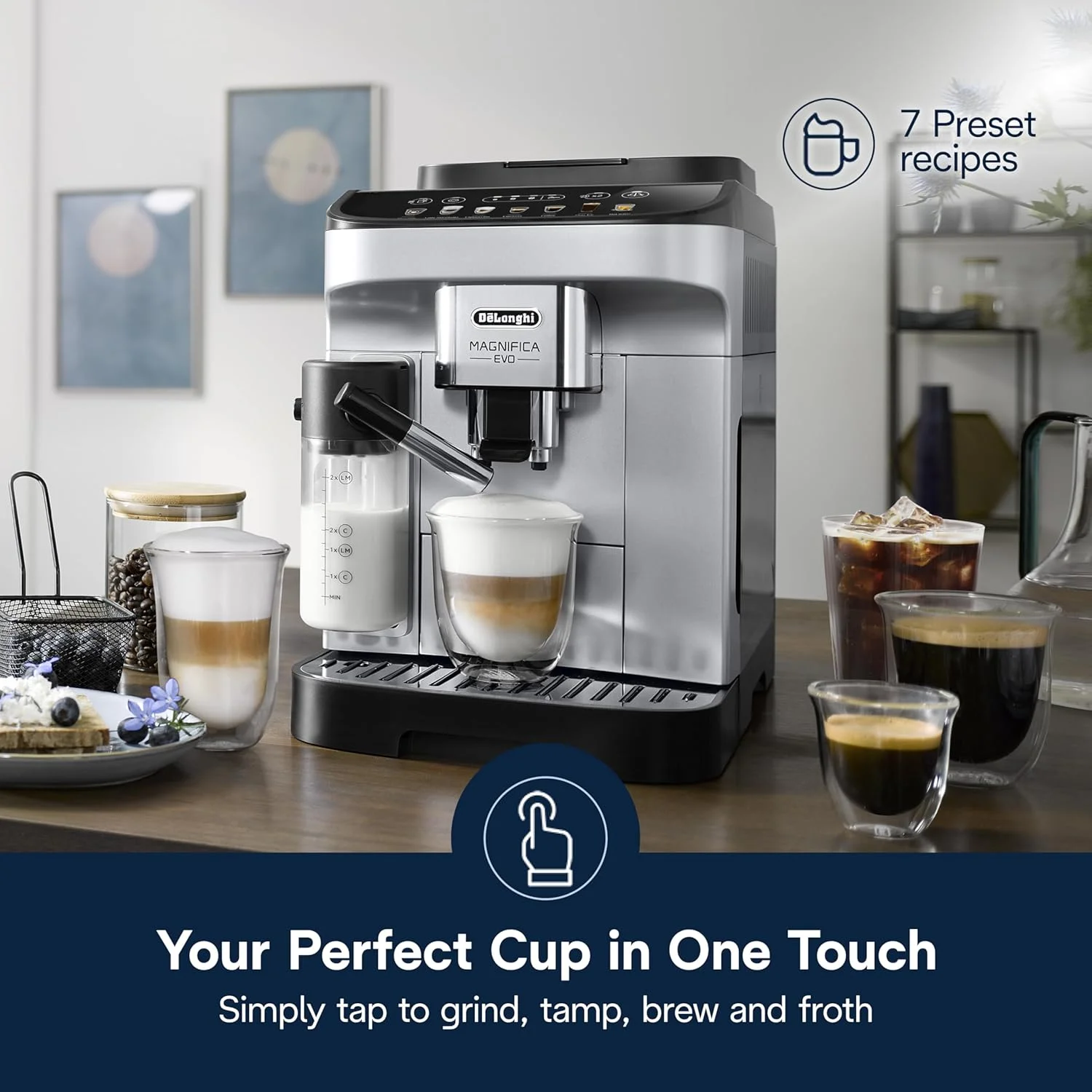 De'Longhi Magnifica Evo ECAM29084SB brewing an espresso shot