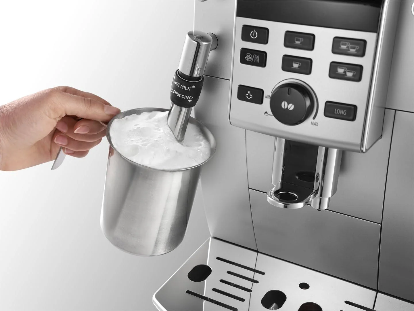 Close-up of DeLonghi Magnifica S Express ECAM23120SB grinder and brewing unit