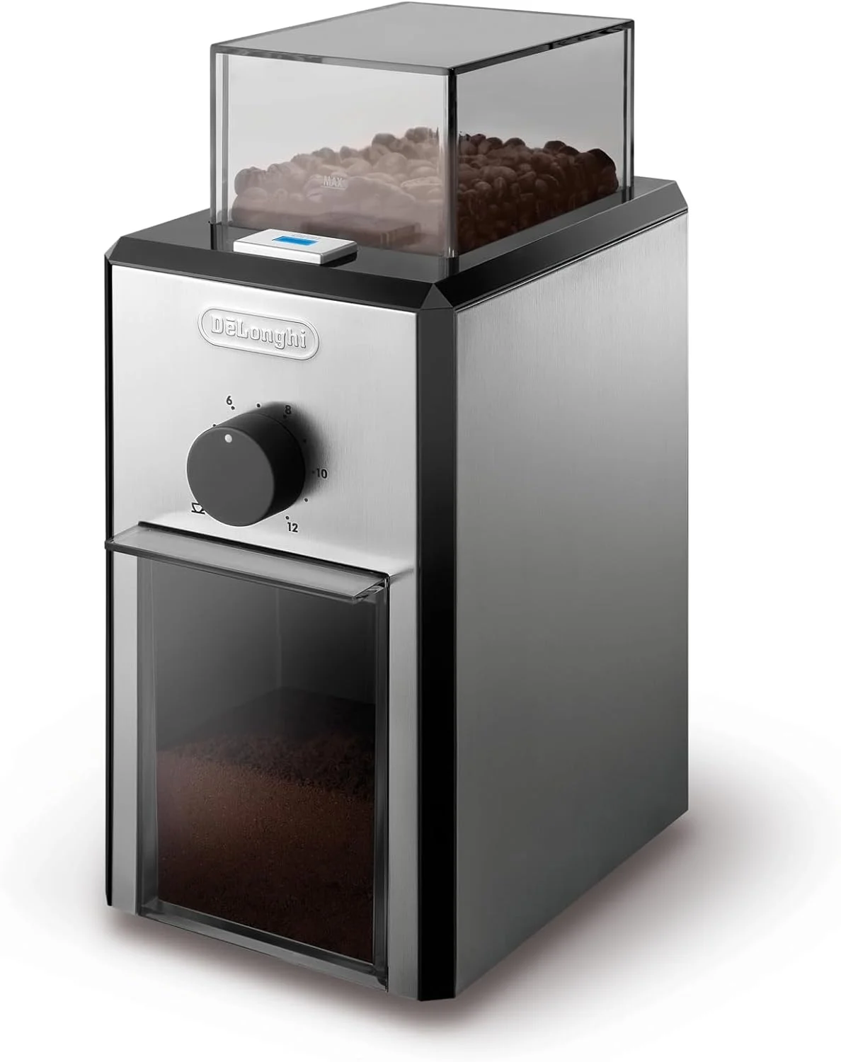 DeLonghi Stainless Steel Burr Grinder with burr mechanism visible