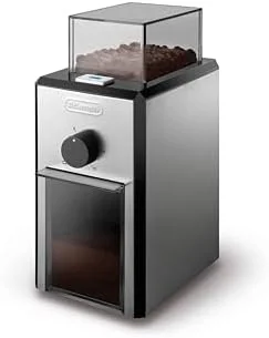 DeLonghi Stainless Steel Burr Grinder on a kitchen counter