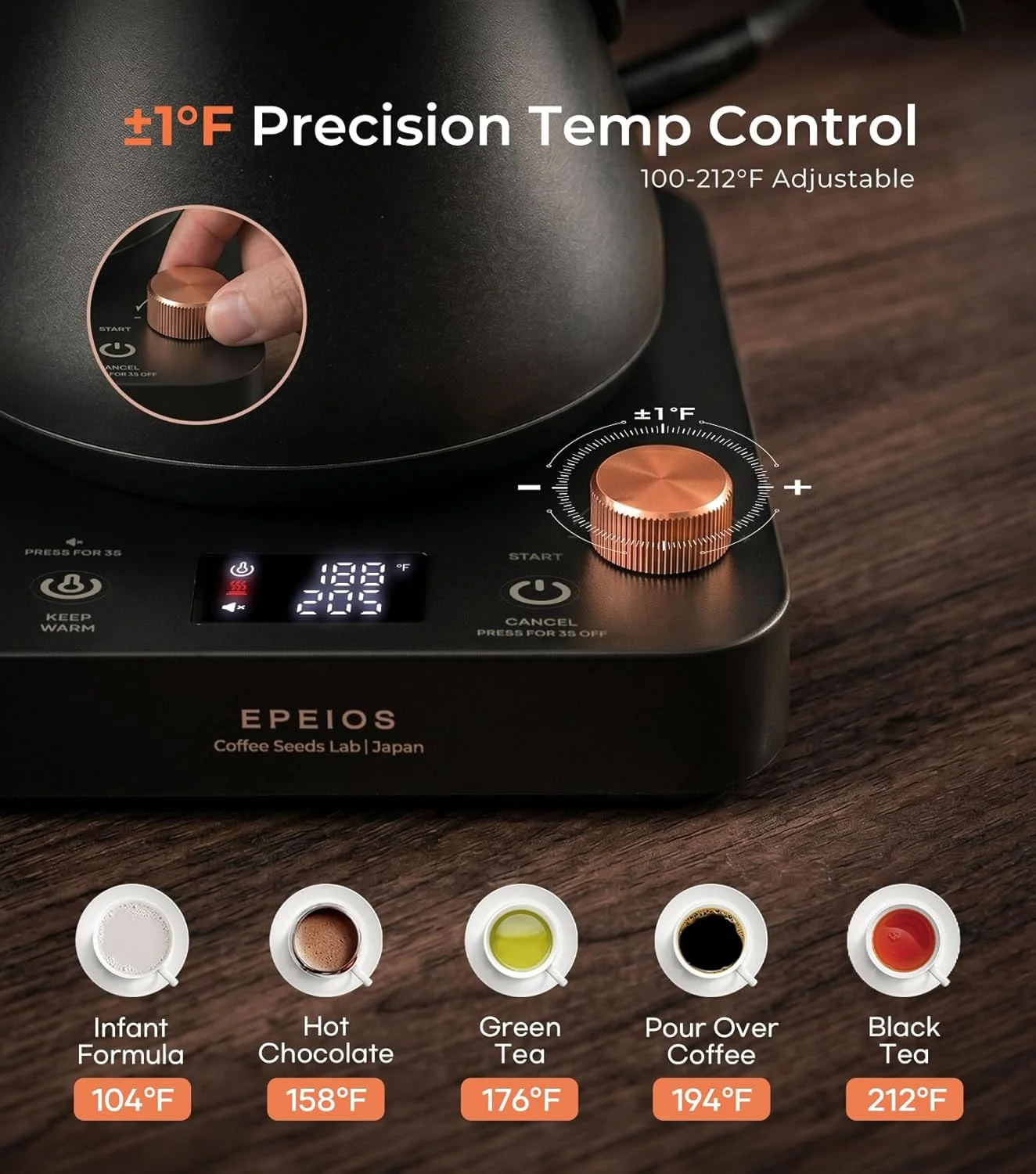Side profile of Epeios Electric Kettle showcasing its gooseneck spout