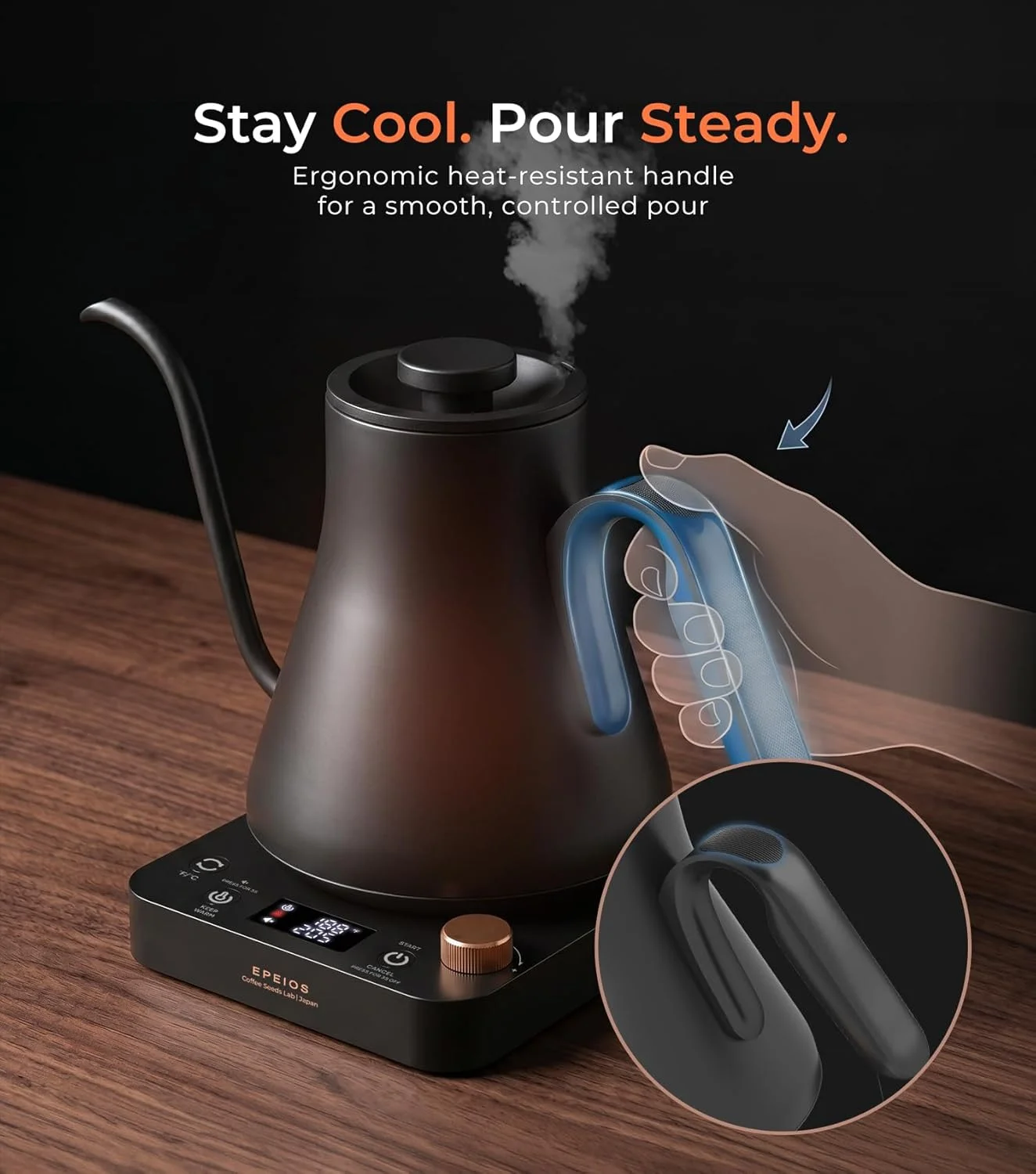 Epeios Electric Kettle in use, pouring hot water into a pour-over device