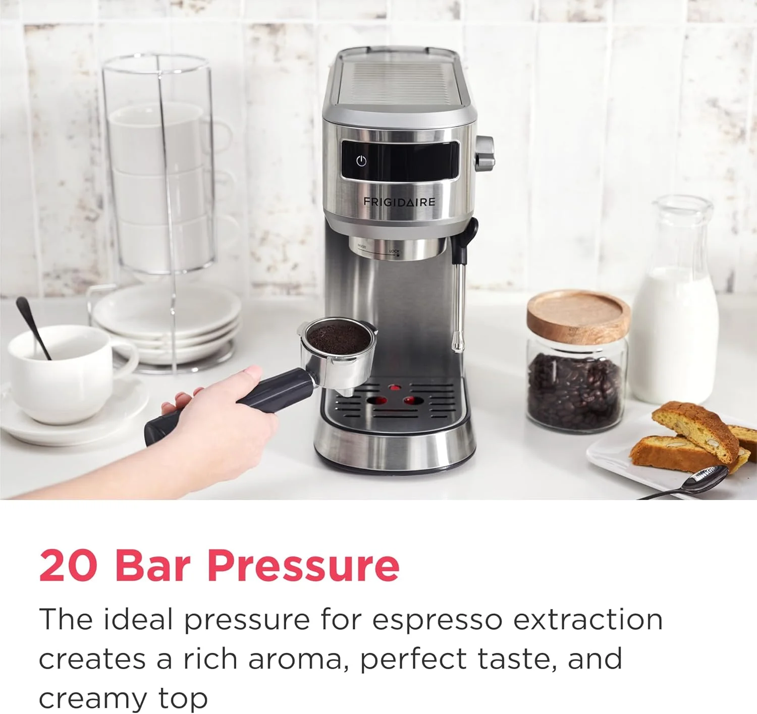 Frigidaire Steam Espresso Maker showcasing its overall aesthetic