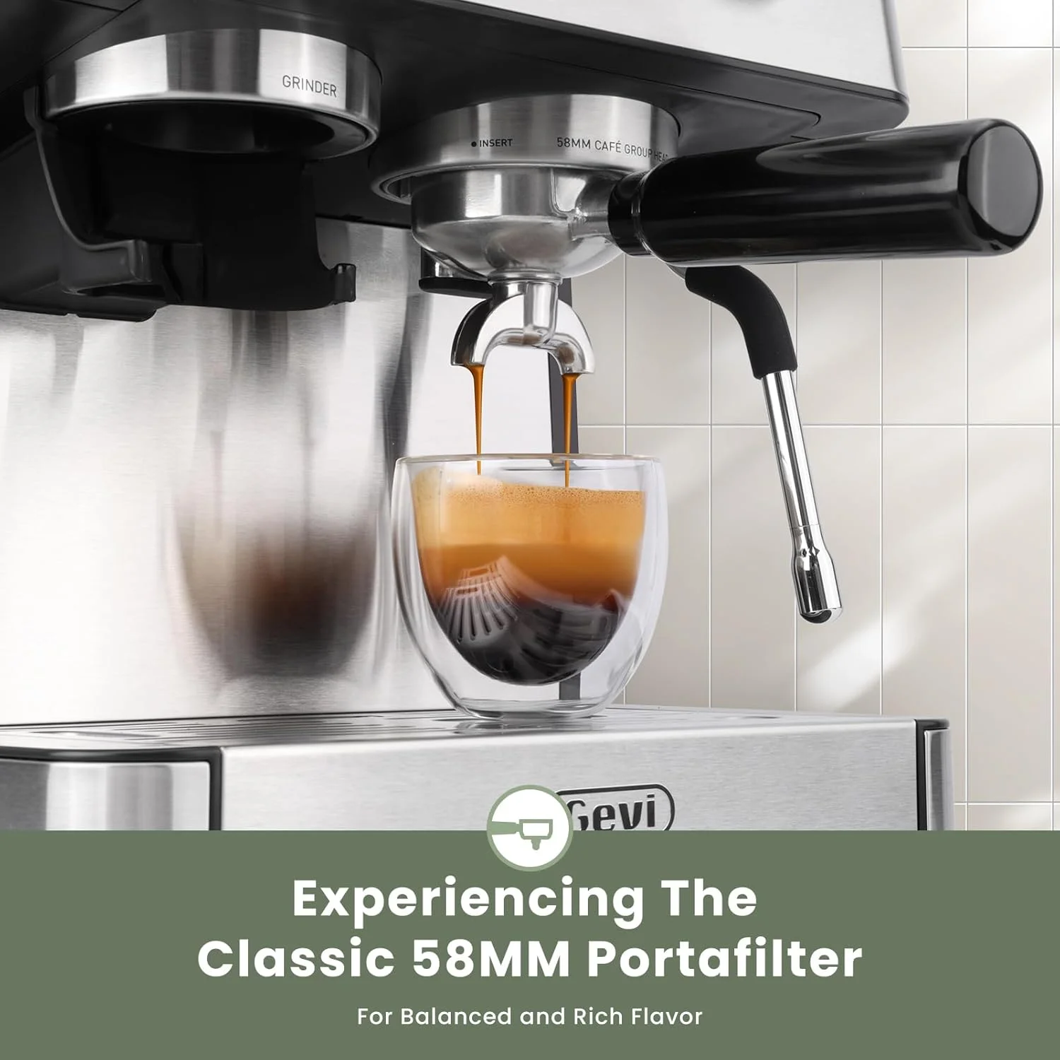 Gevi 20 Bar Espresso Machine steam wand in action, demonstrating milk frothing capability
