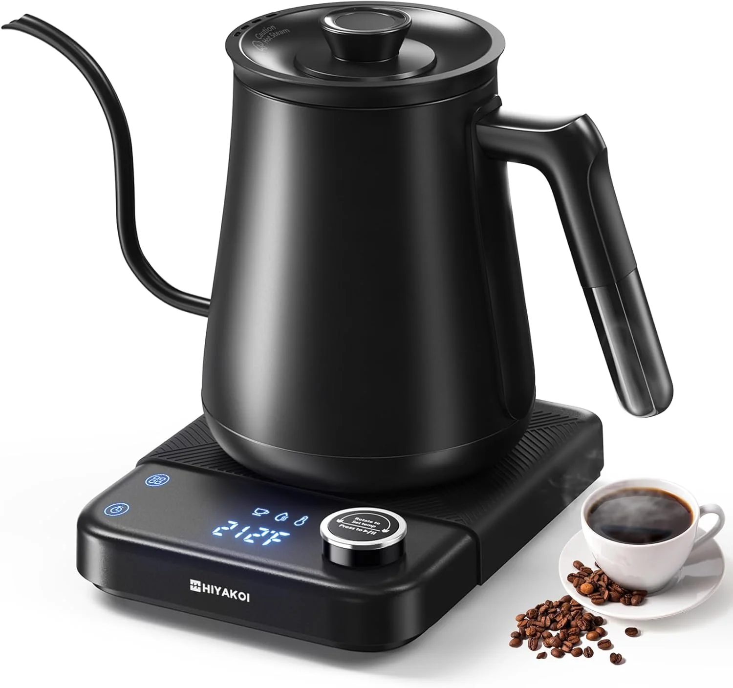 HIYAKOI Gooseneck Kettle showcasing its temperature control interface