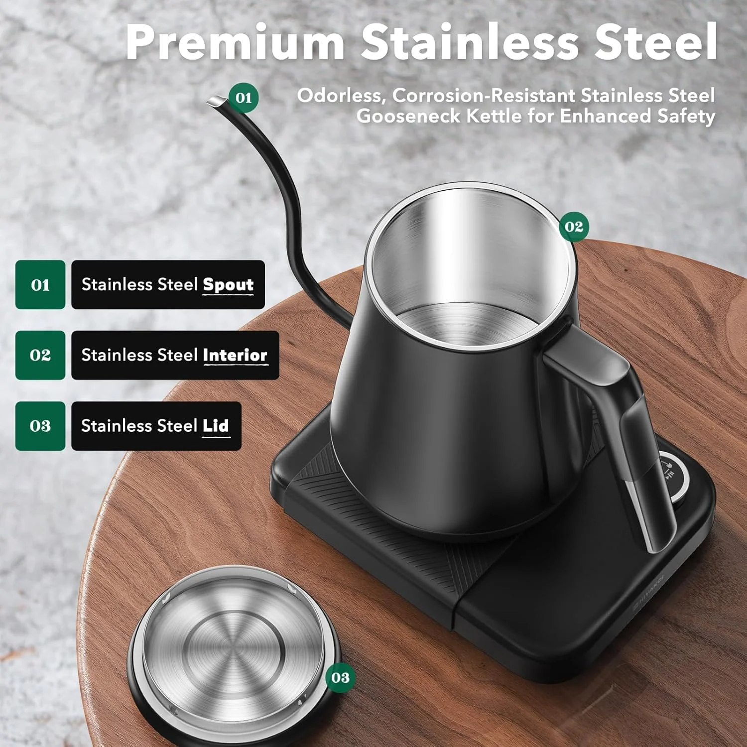 The compact base of the HIYAKOI Gooseneck Kettle with its control panel