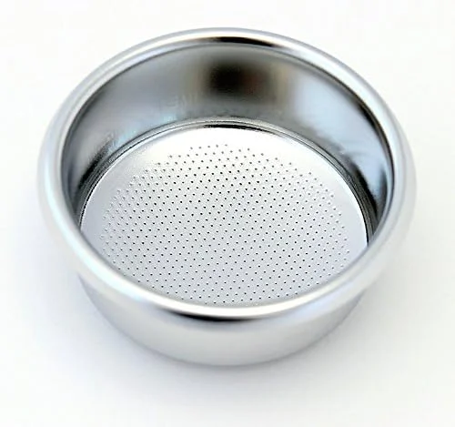 A 58mm portafilter loaded with coffee grounds in the IMS Competition E-61 basket