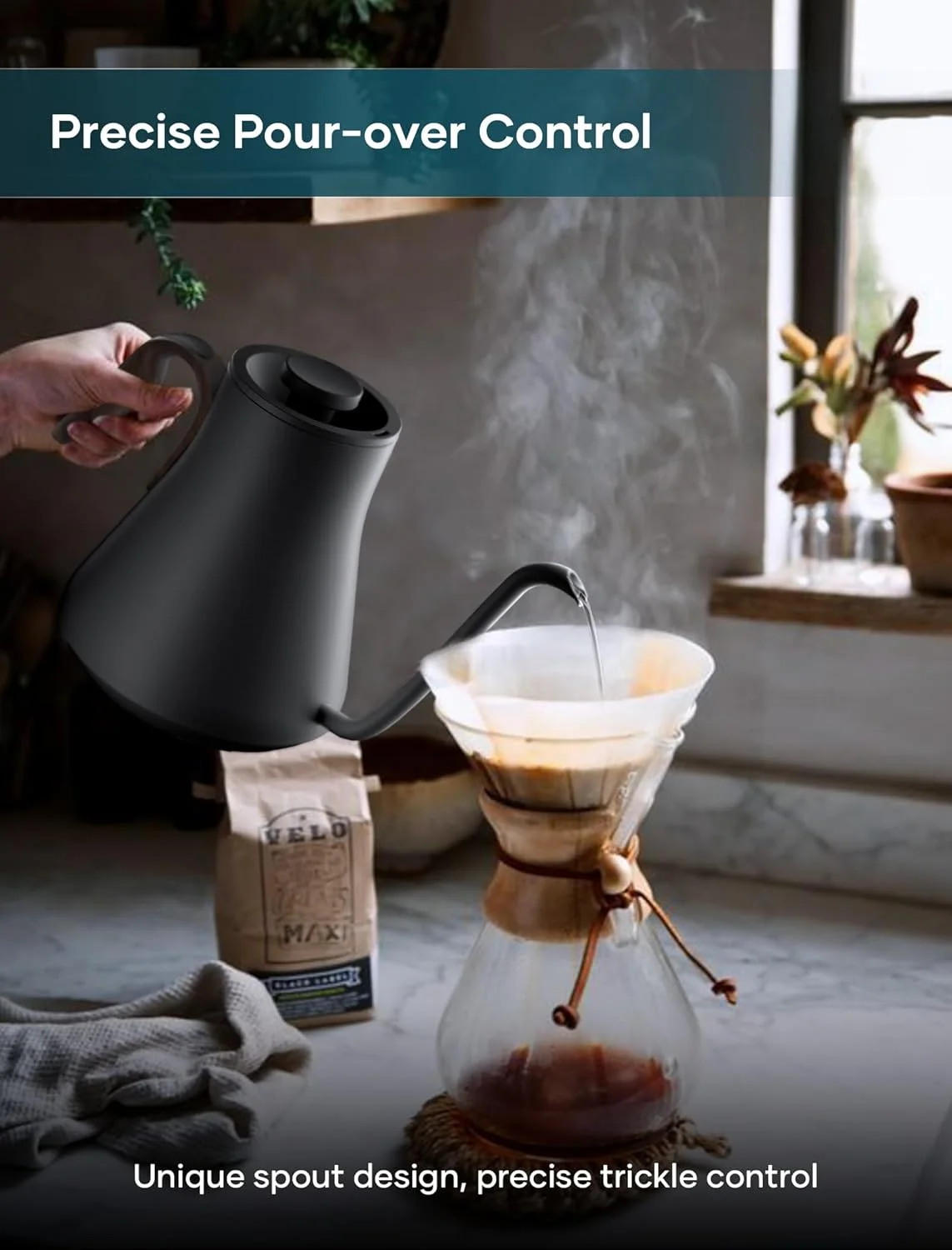 Close-up of the INTASTING Electric Kettle's 0.65mm gooseneck spout