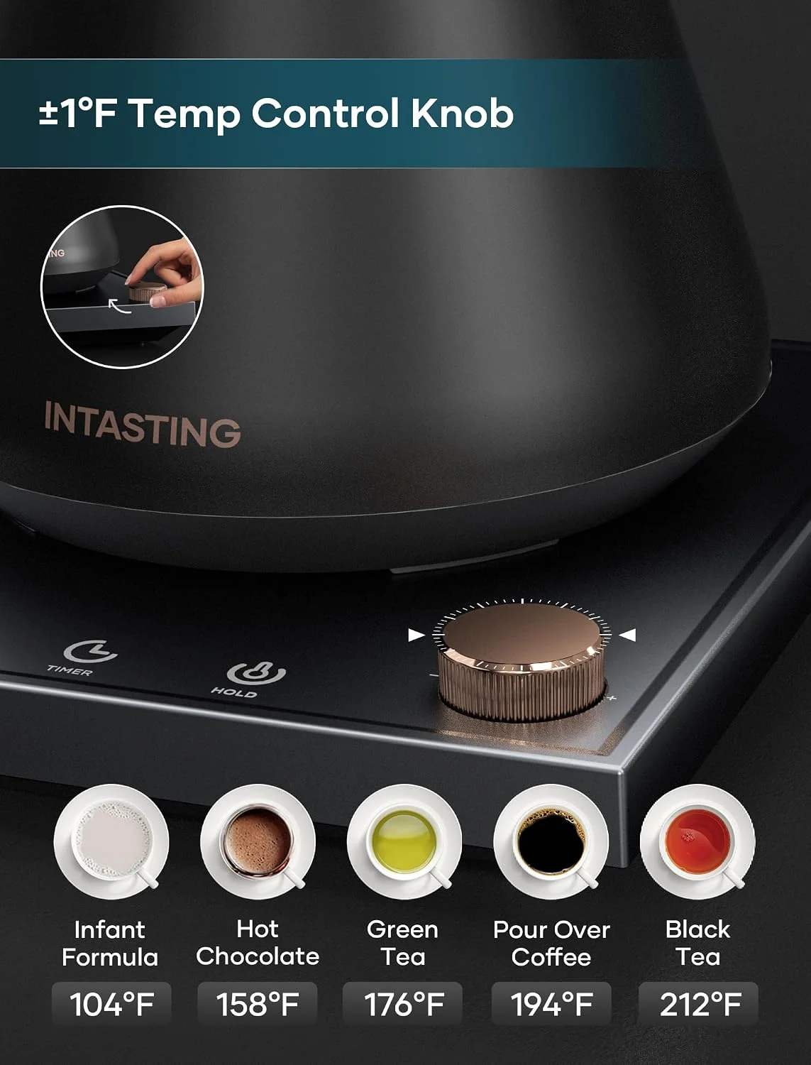 INTASTING Electric Kettle base with HOLD mode active