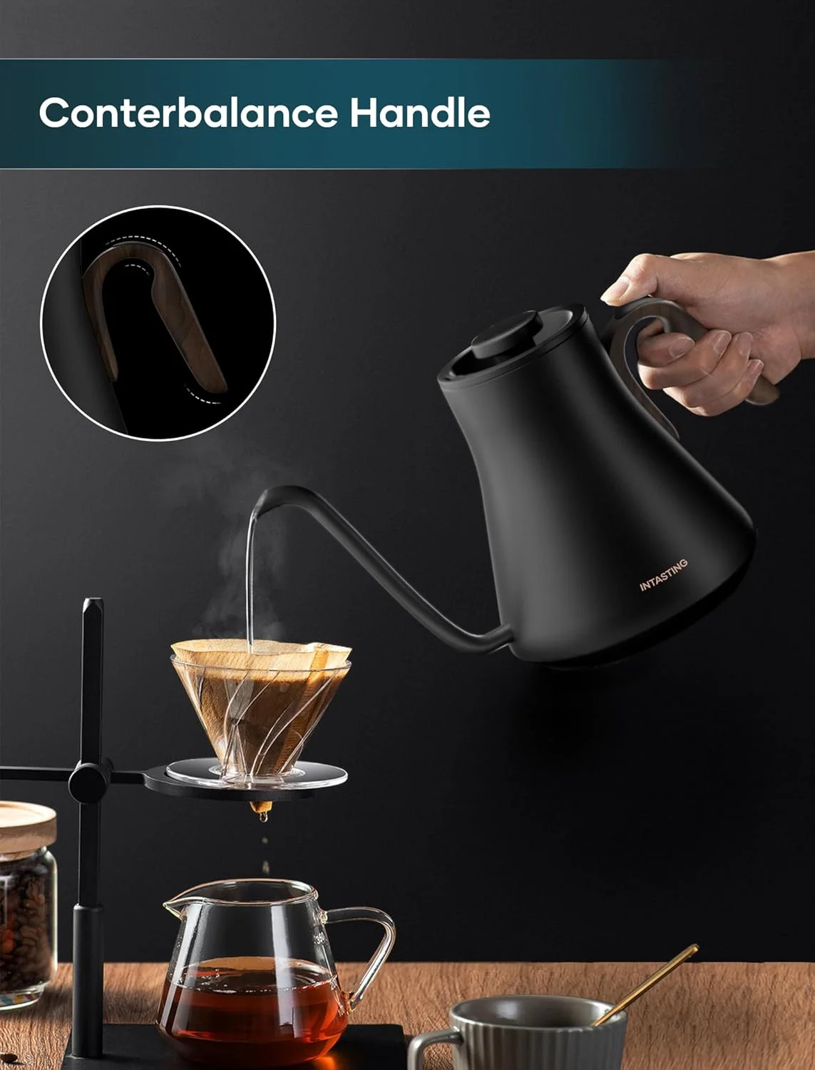 INTASTING Electric Kettle digital display showing brew stopwatch
