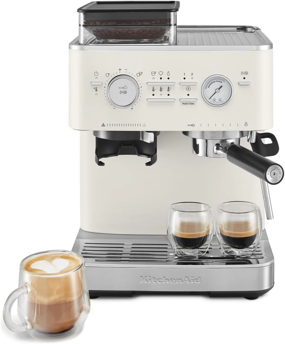 KitchenAid KES6551PL espresso machine with metal-clad exterior in porcelain white