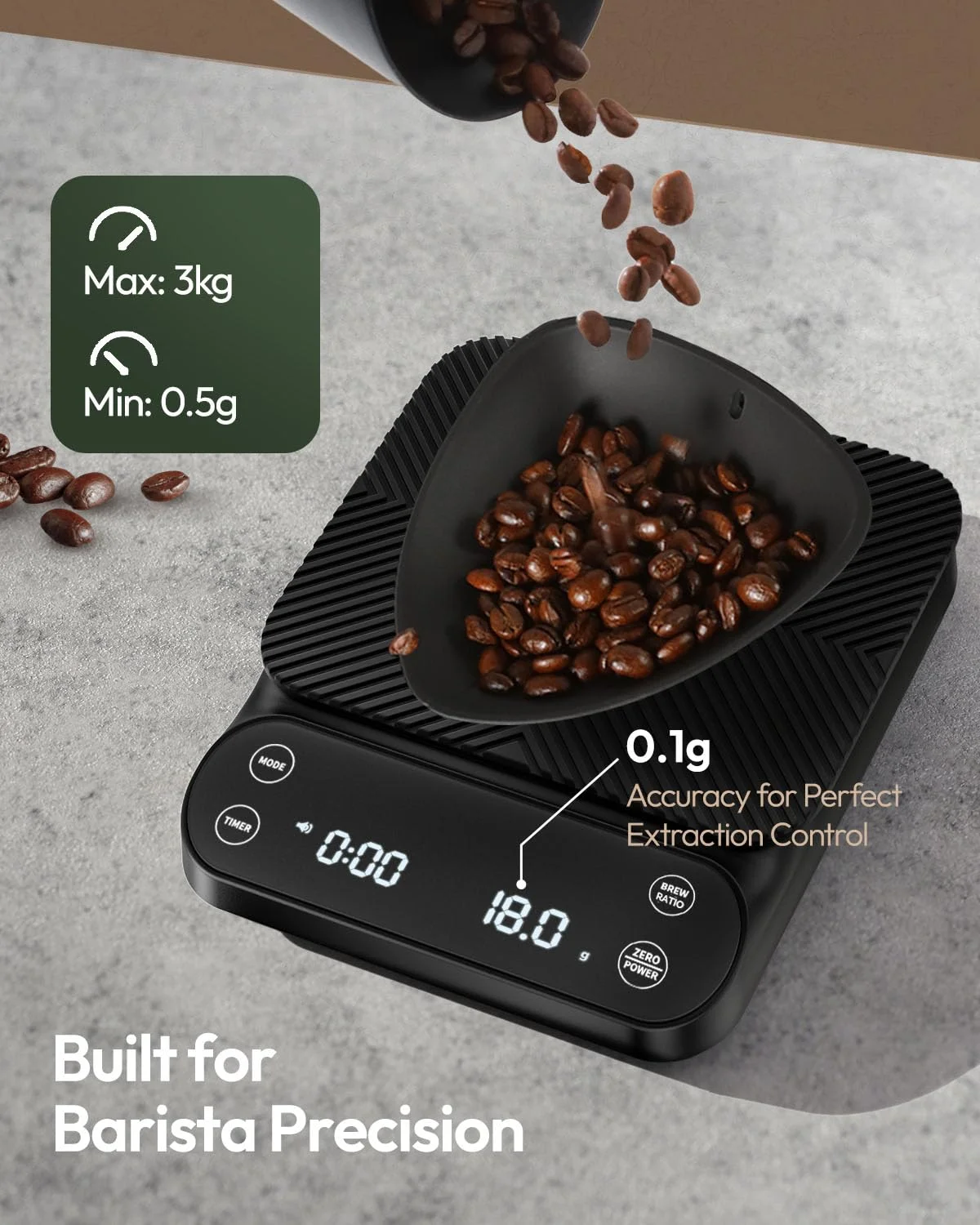 Maestri House S3 coffee scale showing real-time flow rate indicator during a pour