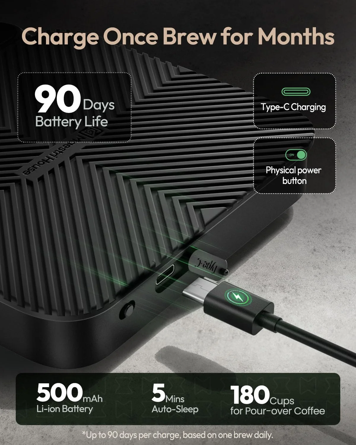 USB-C charging port on the Maestri House S3 coffee scale