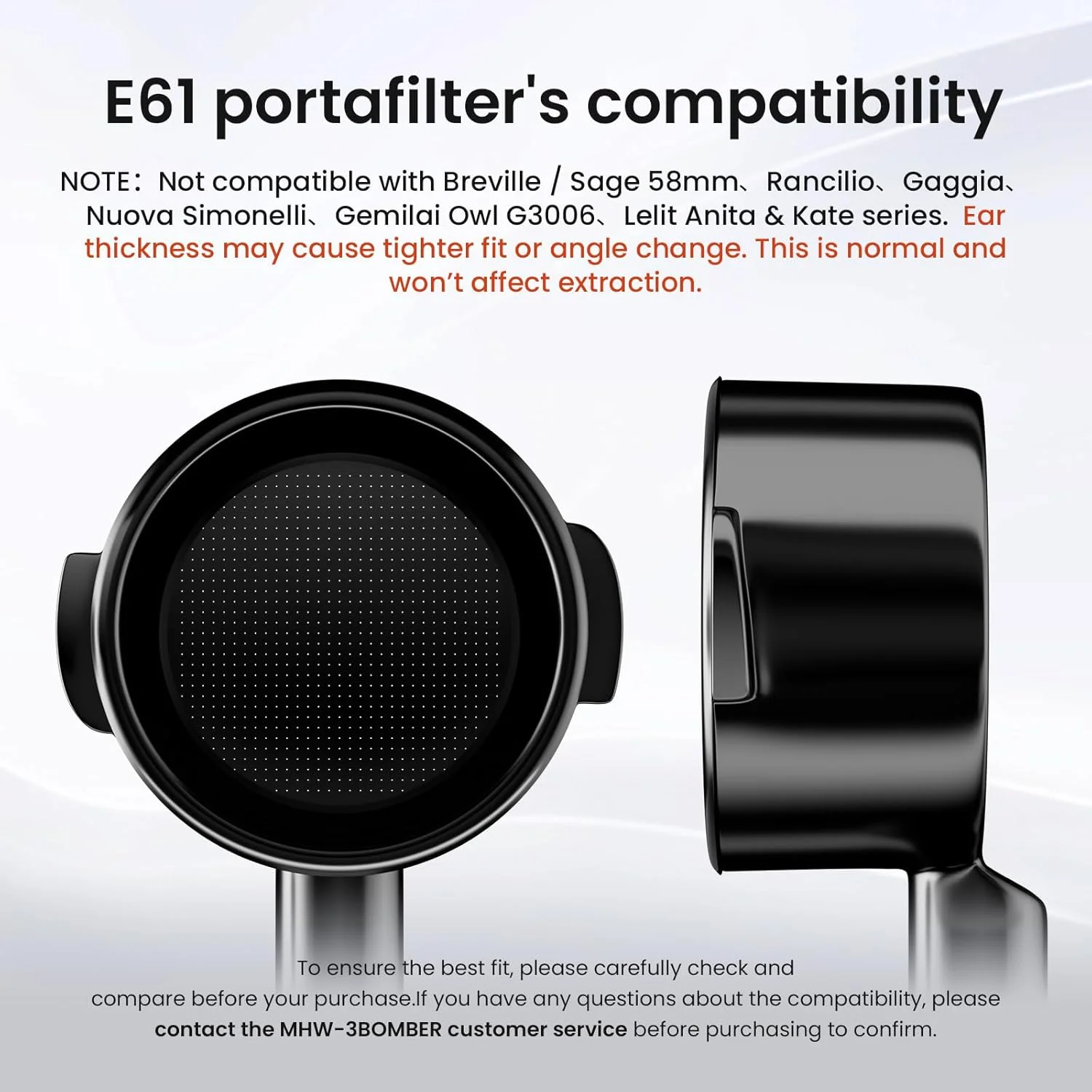 Close-up of MHW-3BOMBER 58mm Bottomless Portafilter handle and ears