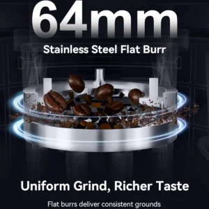 MOKKOM 64mm Flat Burr Coffee Grinder with 100 Grind Settings, Anti-Static, All-Metal Stainless Steel Body, Coffee Bean Grinder with Adjustable Electronic Timer, LED Display view 3