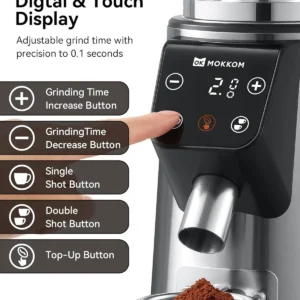 MOKKOM 64mm Flat Burr Coffee Grinder with 100 Grind Settings, Anti-Static, All-Metal Stainless Steel Body, Coffee Bean Grinder with Adjustable Electronic Timer, LED Display view 6
