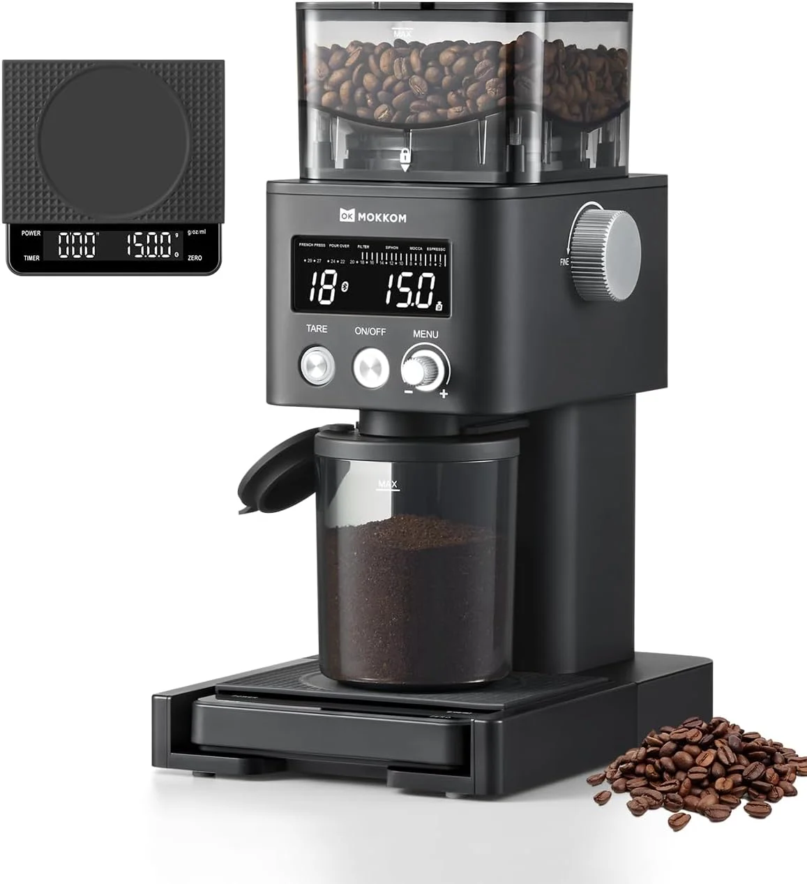 MOKKOM Electric Coffee Grinder - Overview of the unit with integrated scale