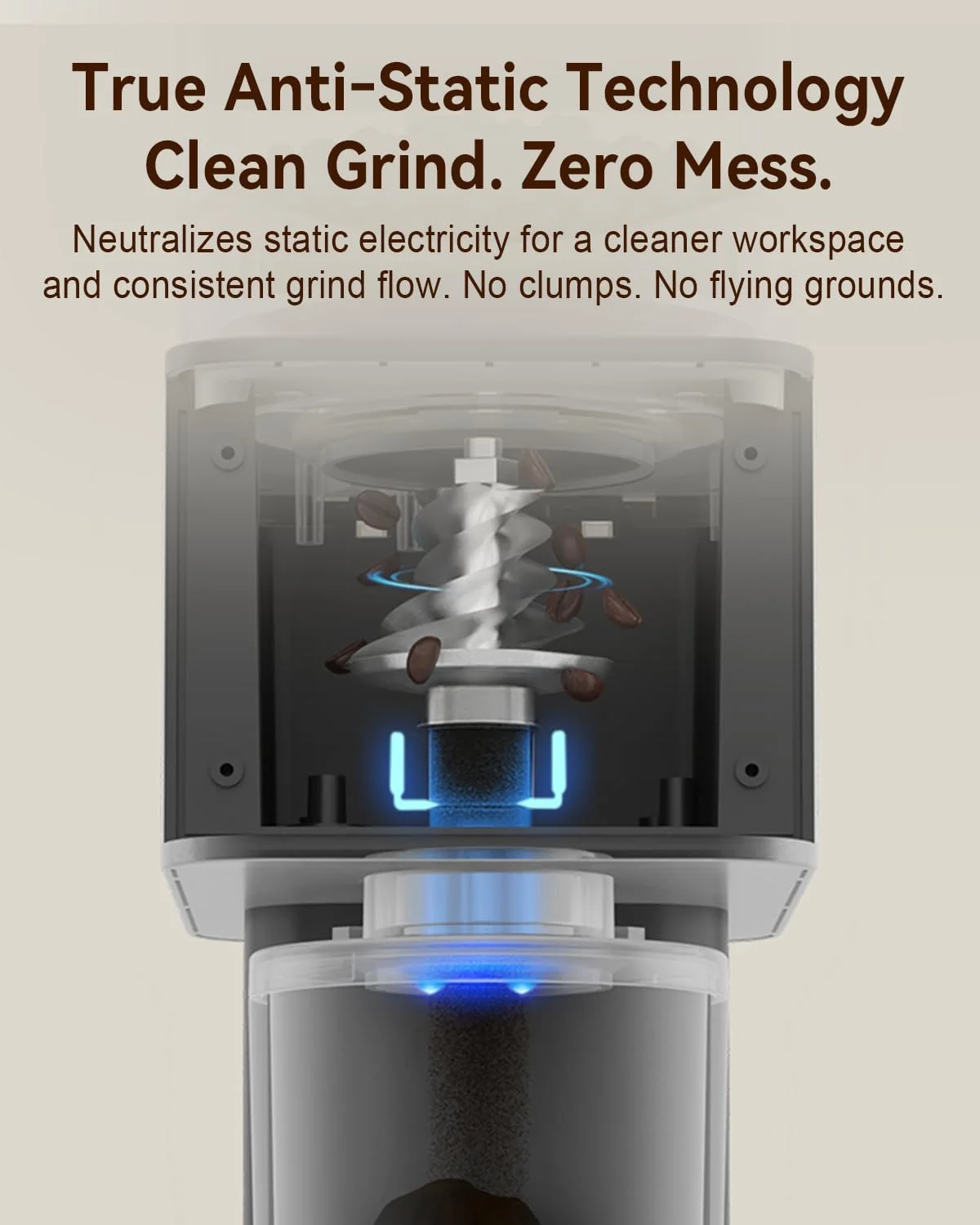 Close-up of the stainless steel conical burr in the MOKKOM Electric Coffee Grinder