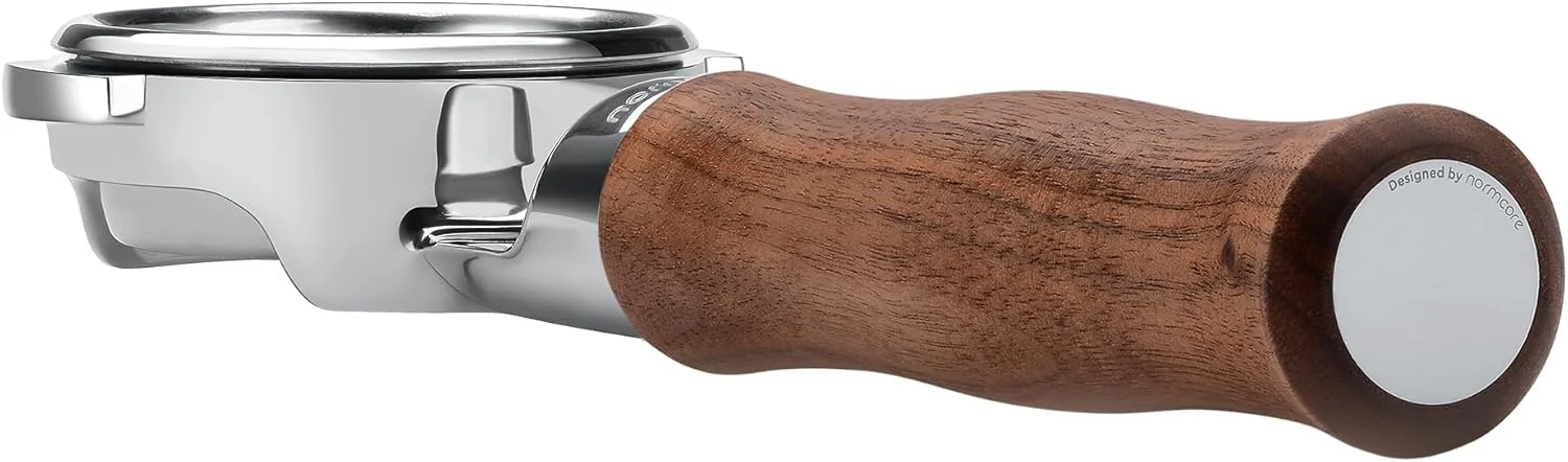 Close-up of Normcore 58mm portafilter's 304 stainless steel construction