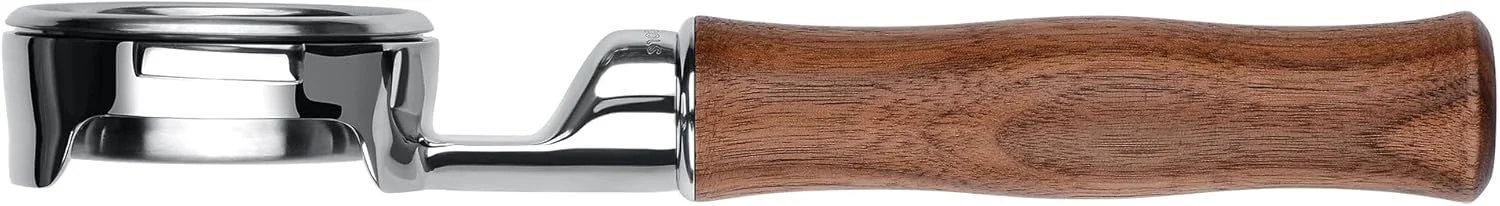 Normcore 58mm Slim Bottomless Portafilter handle detail showing American Walnut grain