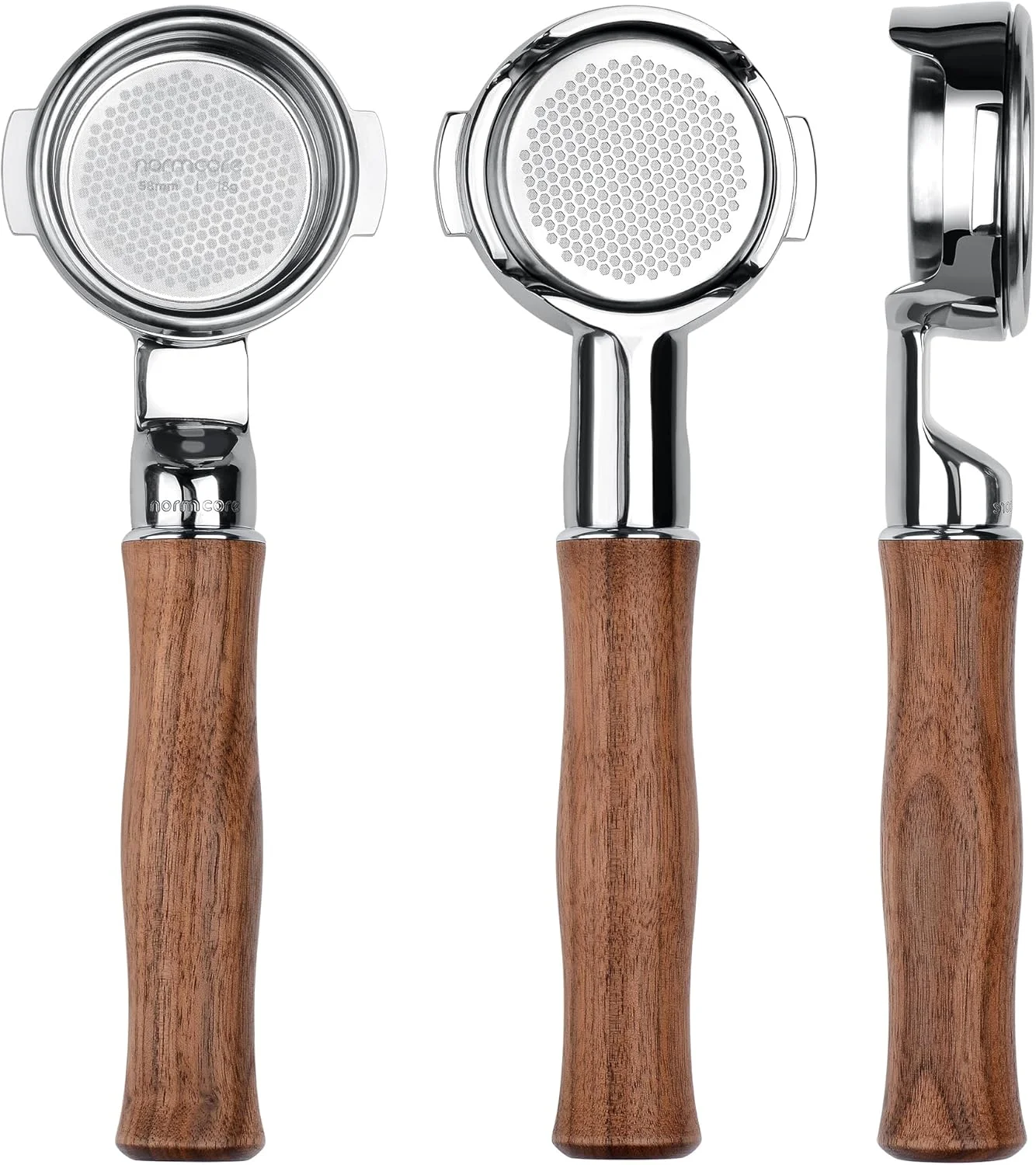 Detailed view of the Normcore 58mm Slim Bottomless Portafilter's internal basket fitment