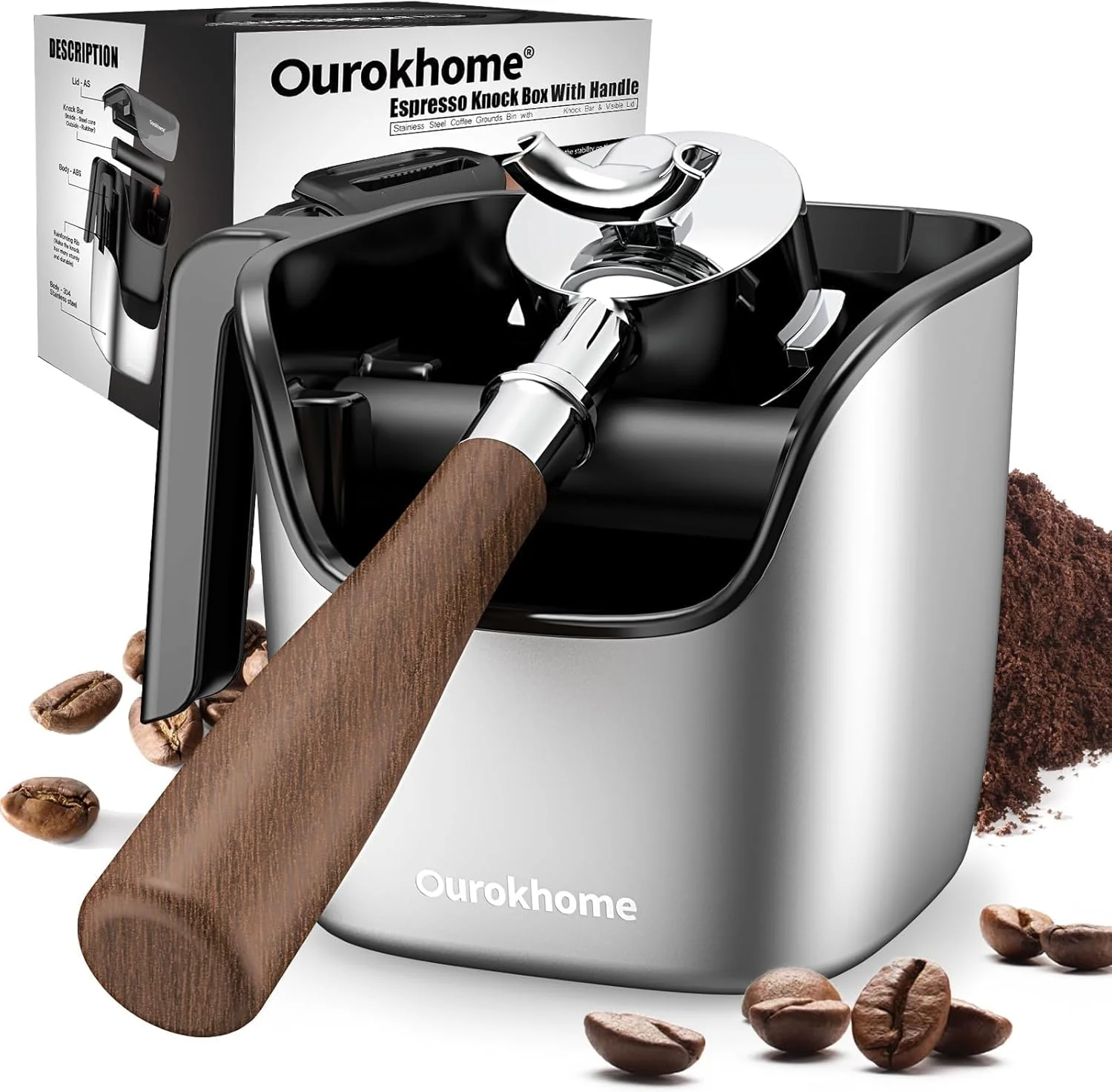Ourokhome Espresso Knock Box with 304 stainless steel exterior