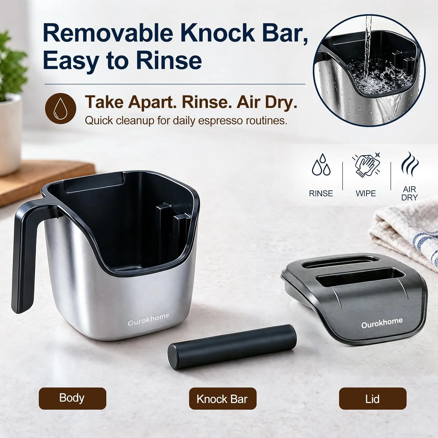 The Ourokhome Espresso Knock Box in a home barista setup