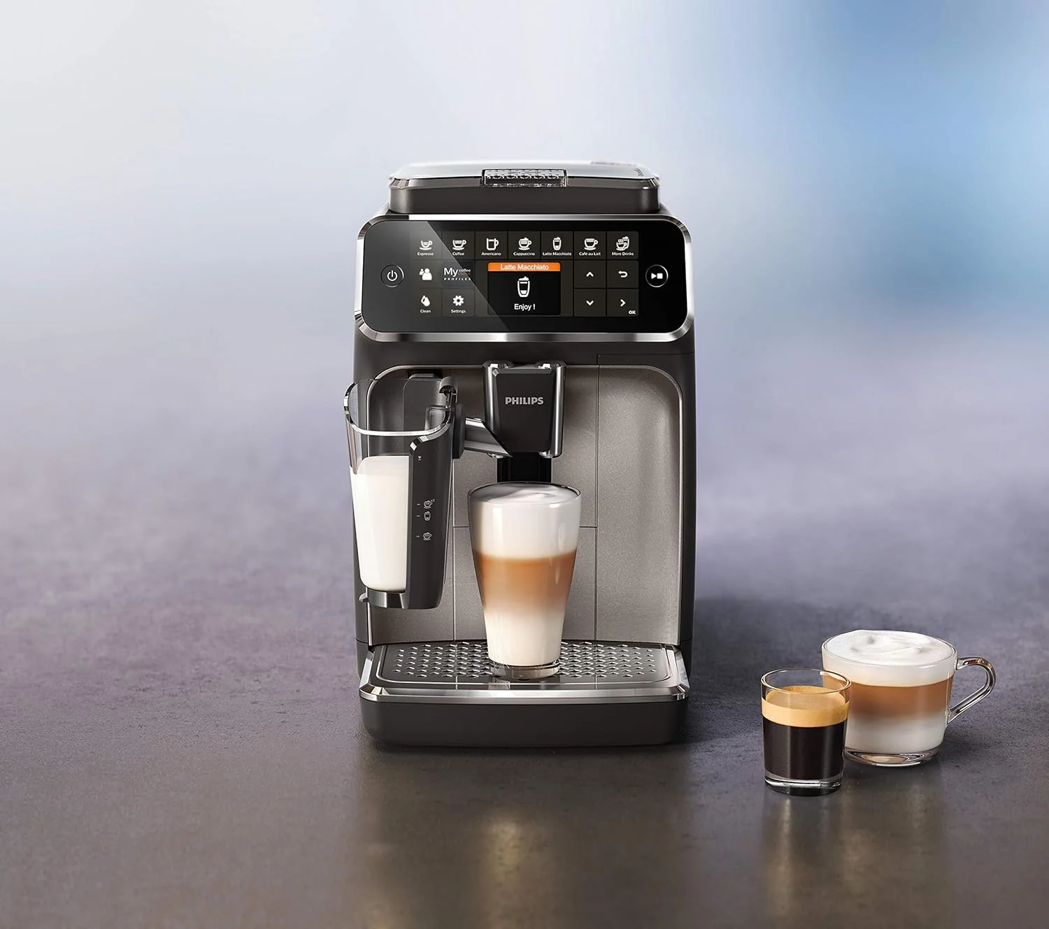 The touch screen interface of the Philips 4300 espresso machine, showing beverage options