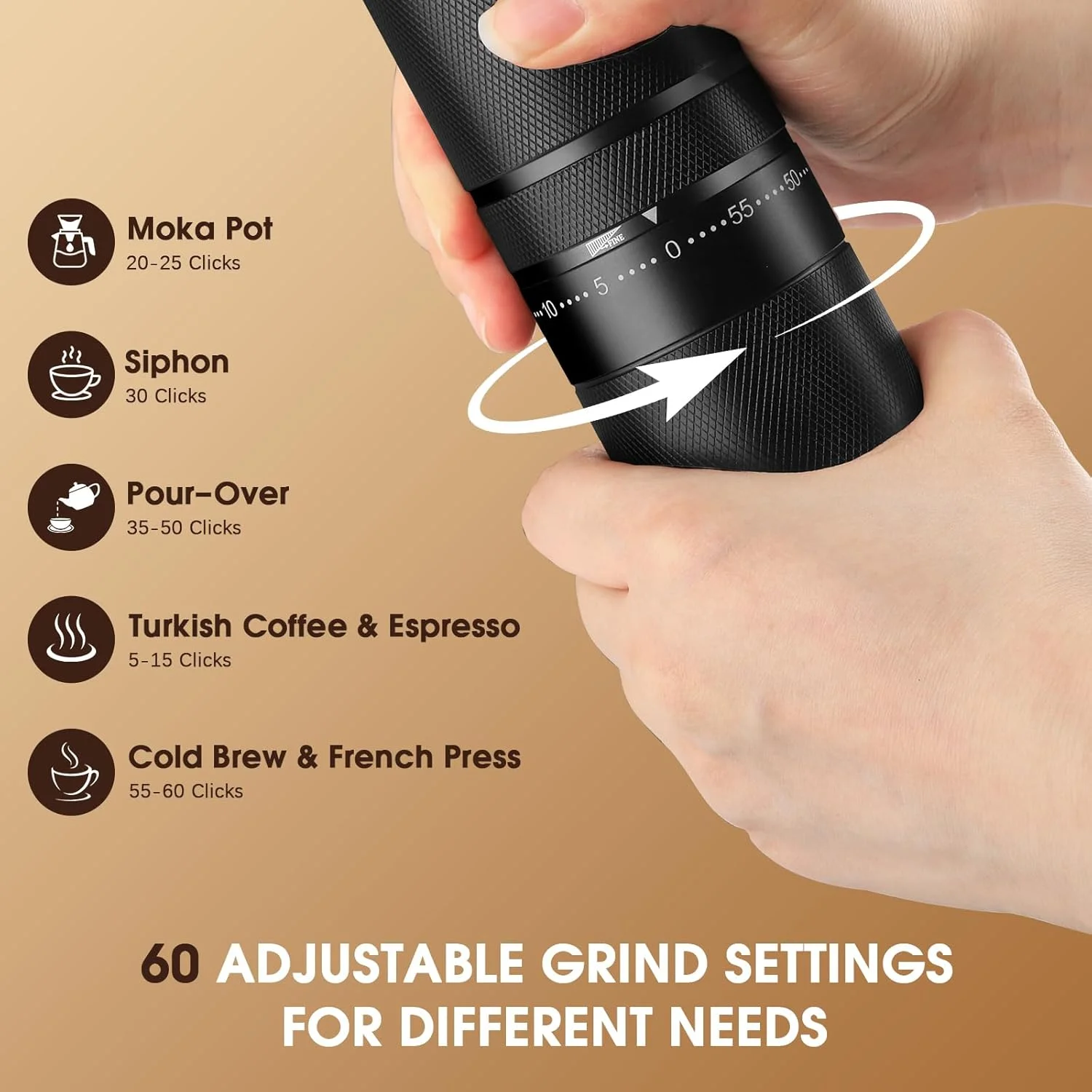 The grinder's aluminum body and ergonomic walnut wood handle