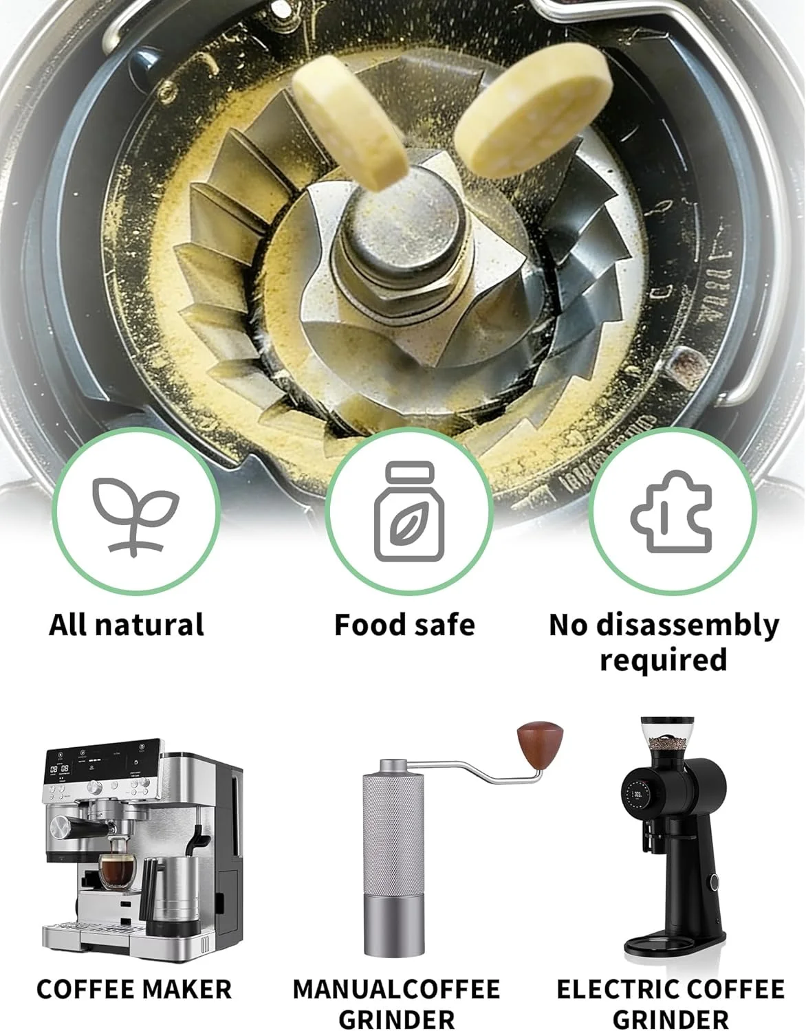 Home barista using PUZZLEQ cleaning tablets with a grinder