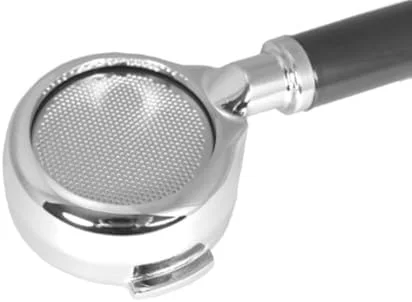Detailed view of the chrome-plated brass construction of the Rocket Espresso bottomless portafilter