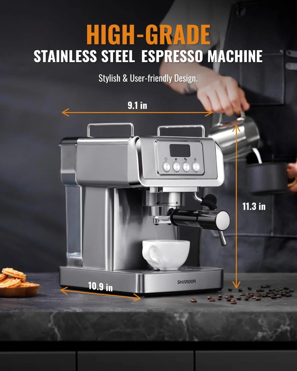 The LCD display on the SHARDOR 20-Bar Espresso Machine showing operational status