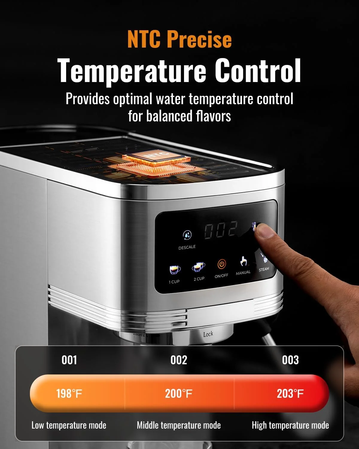 SHARDOR Espresso Machine's LED touchscreen interface with temperature settings