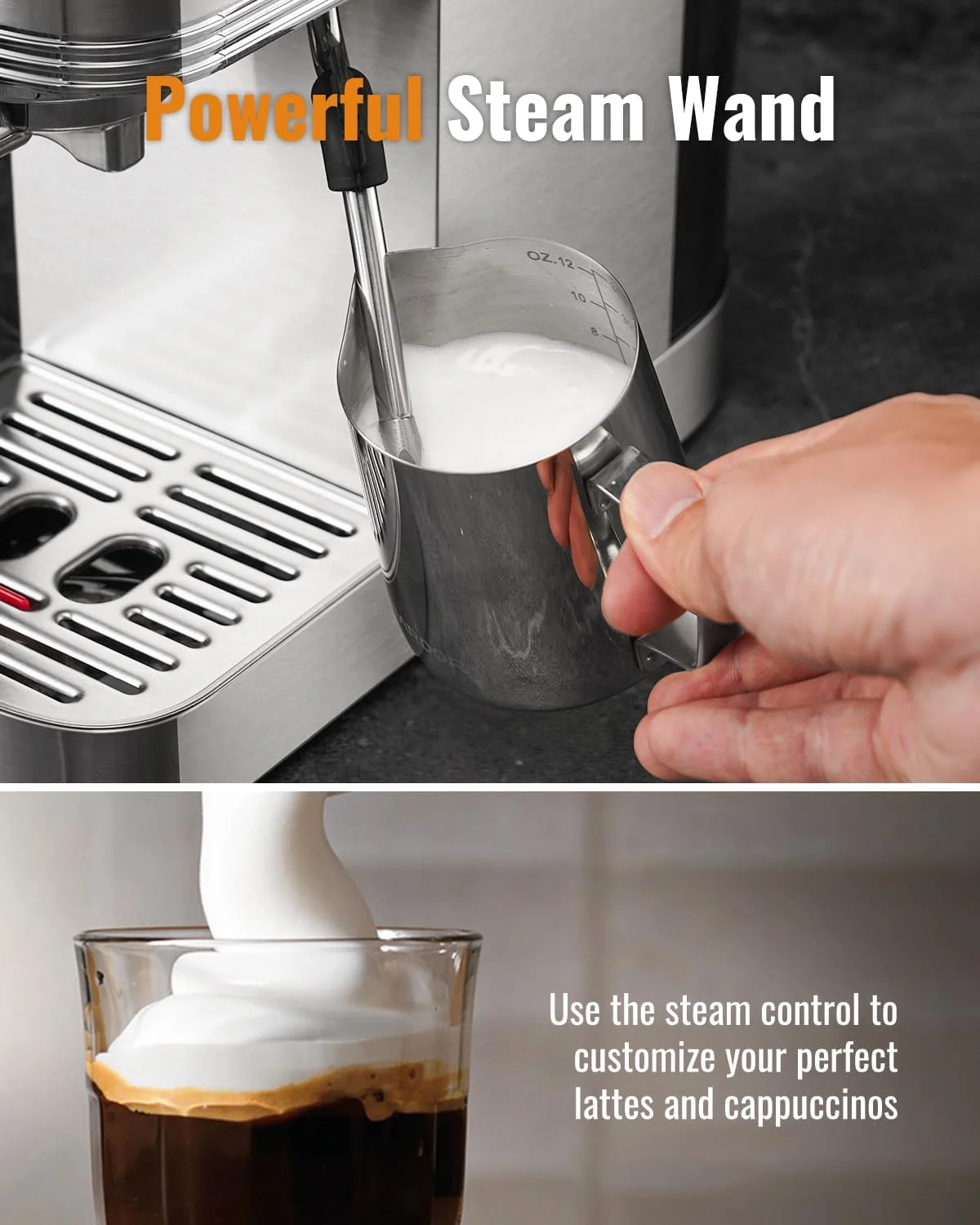 SHARDOR Espresso Machine's professional steam wand for milk frothing