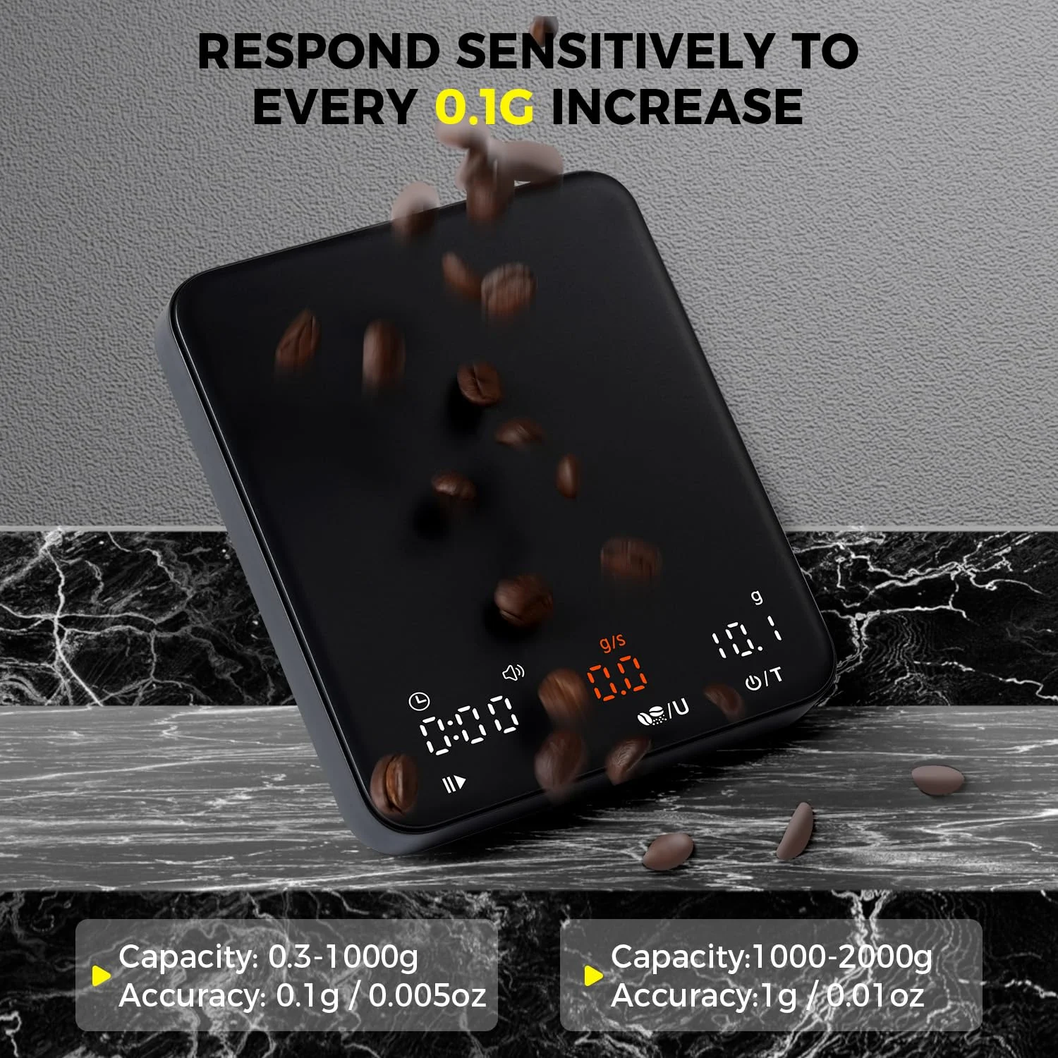 Close-up of TIPRE Mini Espresso Scale showing 0.1g precision for detailed measurements