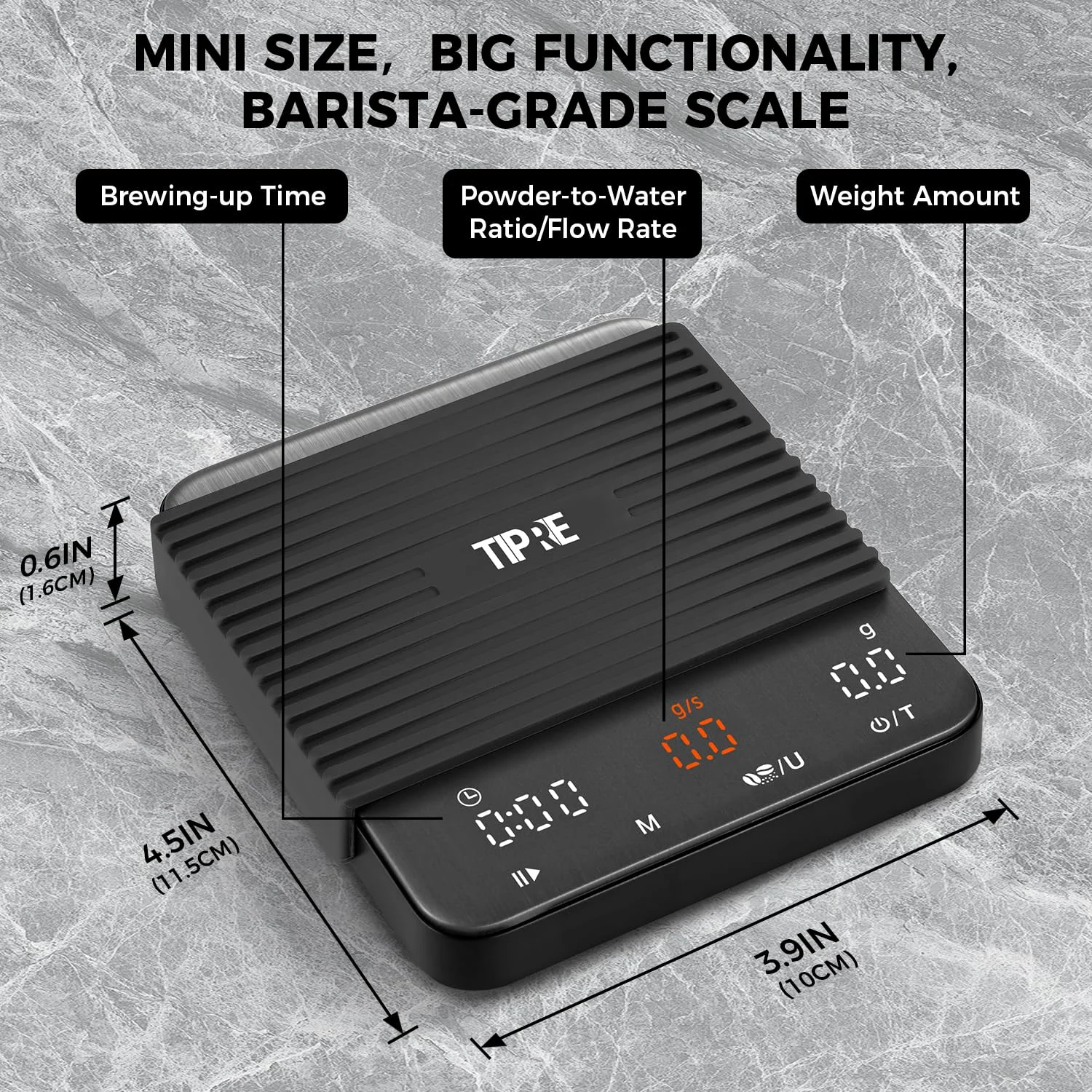 TIPRE Mini Espresso Scale displaying real-time flow rate in grams per second