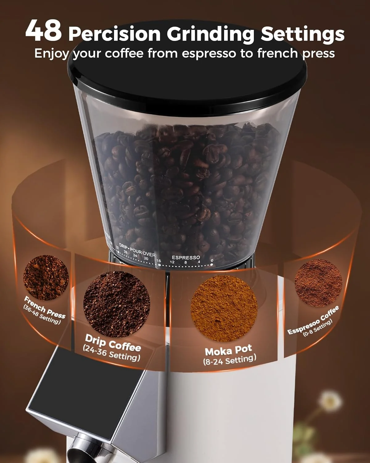 Tuni G1 grinder in action, showing grounds falling into a portafilter