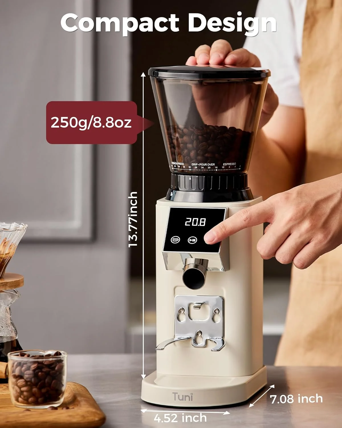 Tuni G1 grinder showing its compact size on a kitchen counter