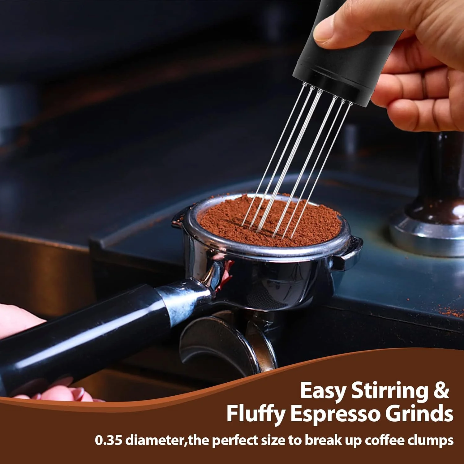 A portafilter basket being prepared with the WDT tool for espresso extraction.